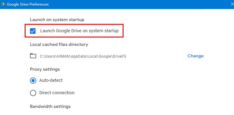 Google Drive Startup Settings