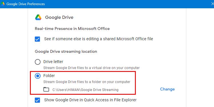 Google Drive Streaming Location Option