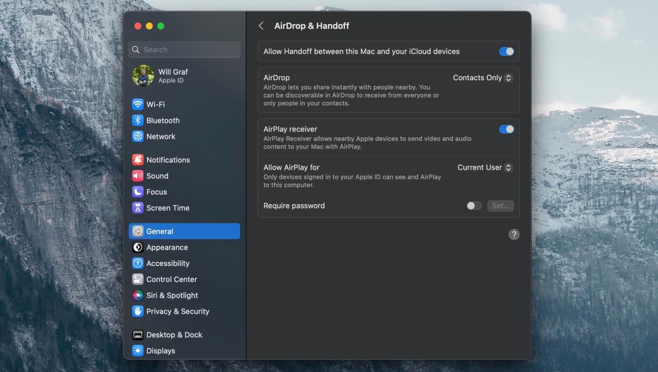 Handoff Settings in System Settings