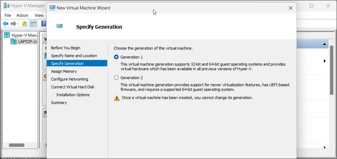 hyper v virtual machine generation 1