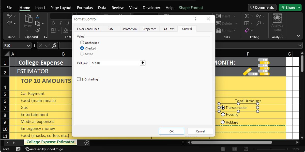 How to link a radio button in Excel