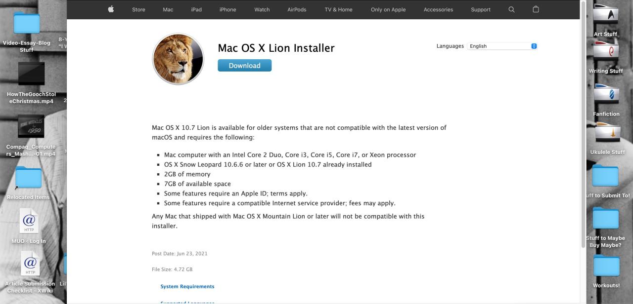 Mac OS X Lion installer page on the Apple website