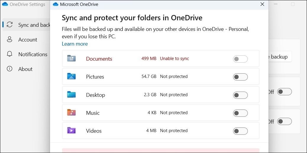 Manage Backup Folders in OneDrive