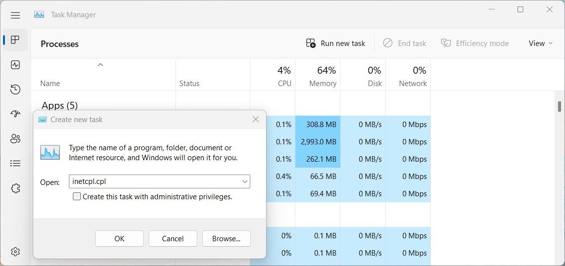 Open Internet Options Using Task Manager