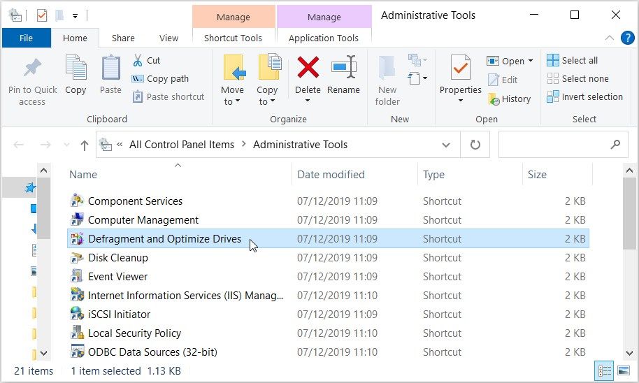 Opening the Disk Defragmenter app using the Control Panel