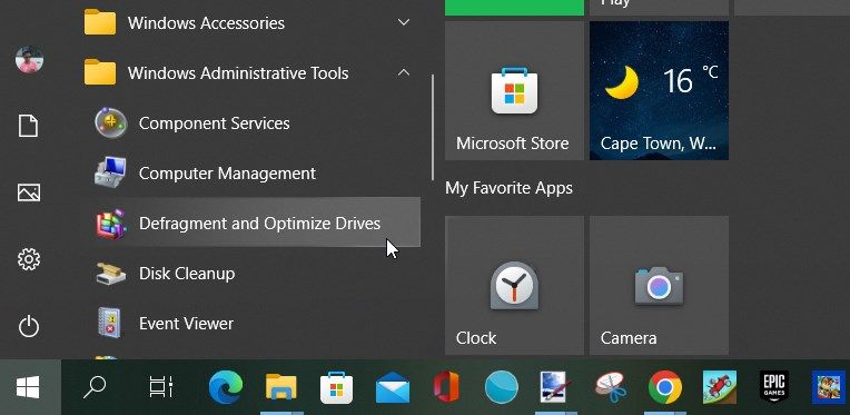 Opening the Disk Defragmenter app using the Start Menu