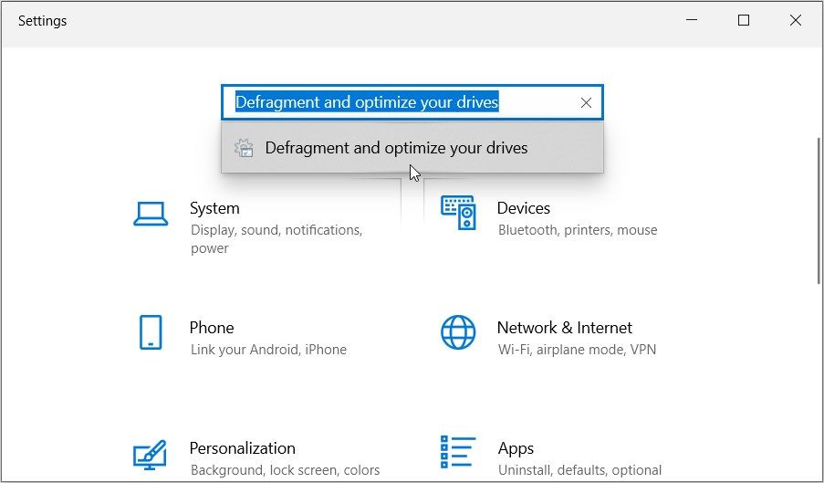 Opening the Disk Defragmenter app using the system settings