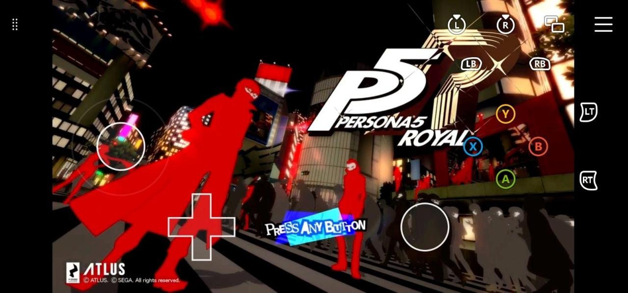 A screenshot of a mobile device streaming Persona 5 Royal through Xbox Game Pass with the controller overlay