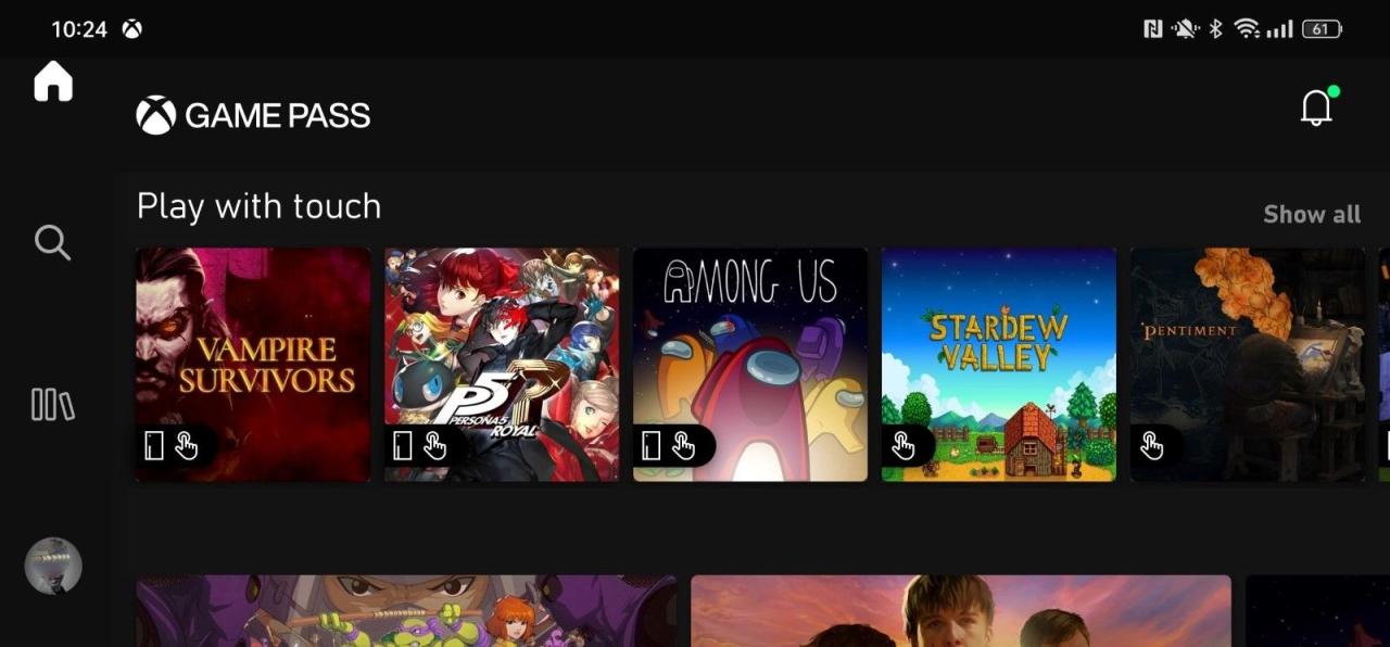 A screenshot of the Xbox Game Pass app home screen with the category for Play With Touch on screen 