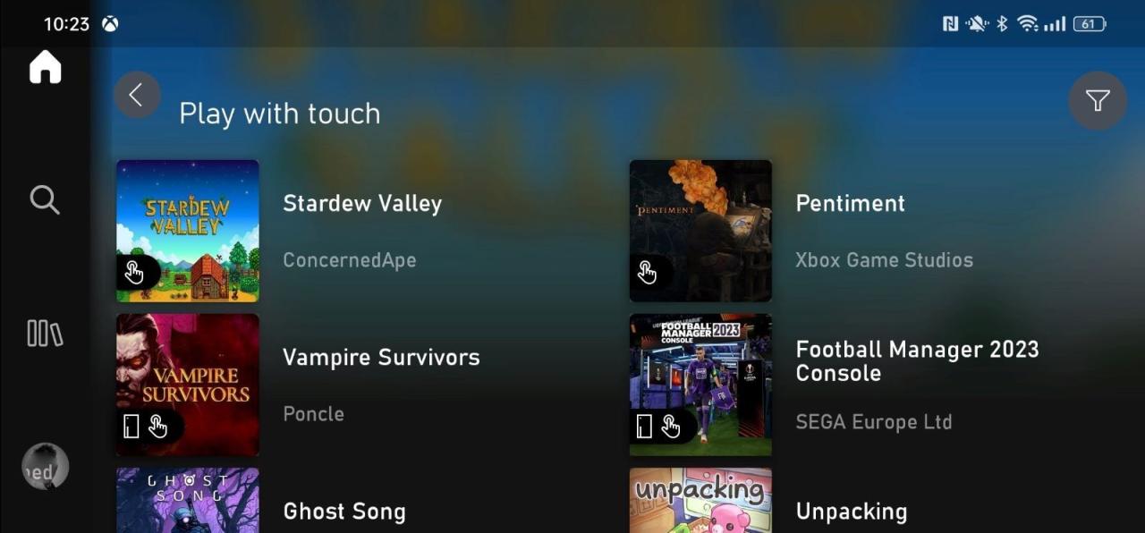 A screenshot of the available titles through the Xbox Game Pass Play With Touch category