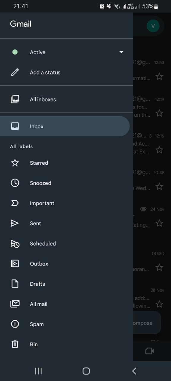 Gmail menu options in app