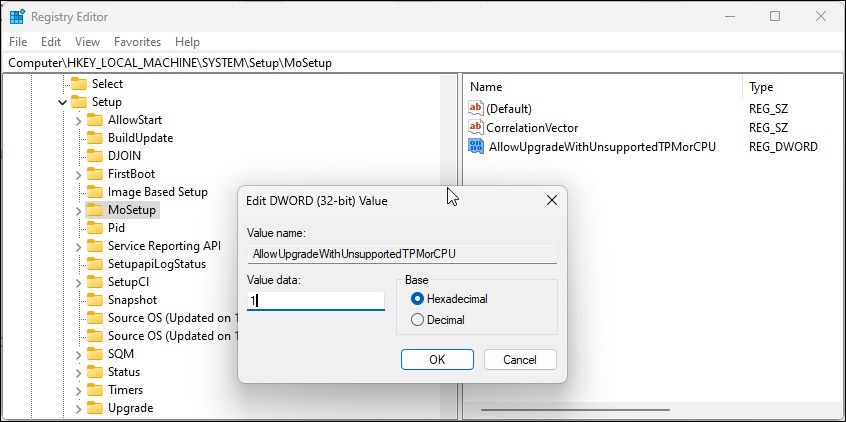 registry editor mosetup new value 1 bypass windows 11 restriction