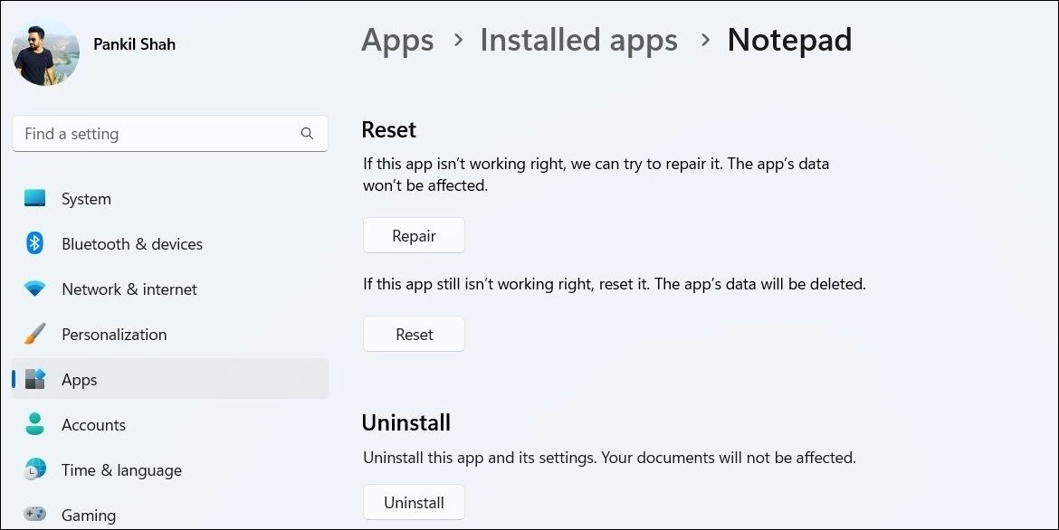 Repair or Reset the Notepad App