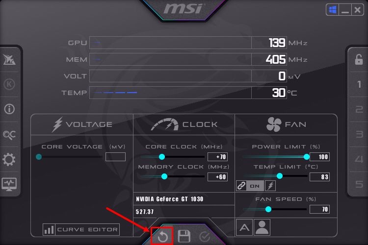 Reset Option In MSI Afterburner Tool