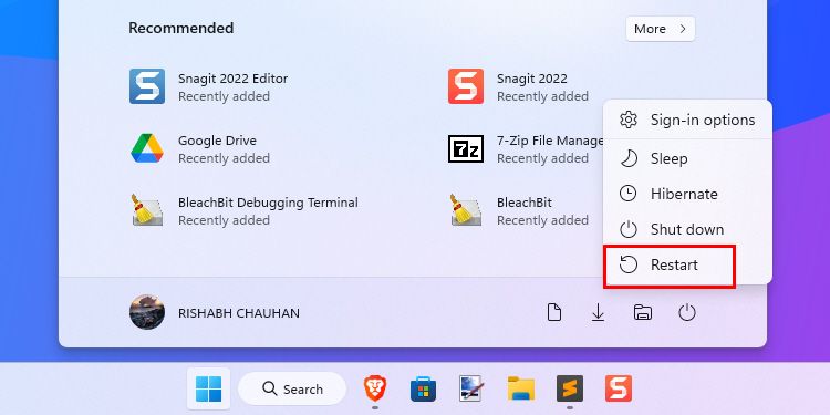 Restart Option In Windows 11