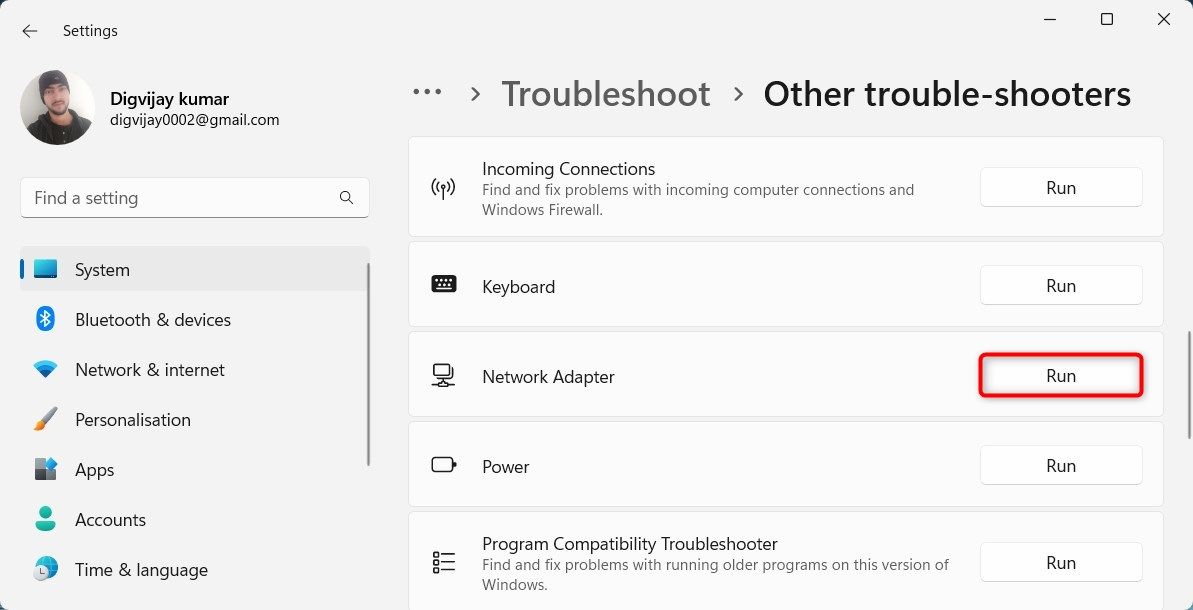 Run Network Adapter troubleshooter