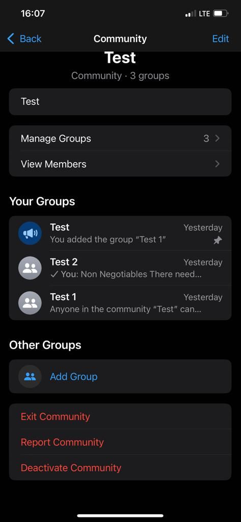 screenshot of whatsapp community page dark