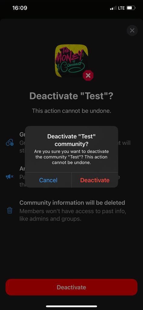 screenshot showing confirm deactivate community page