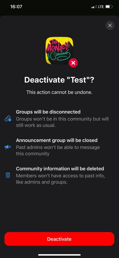 screenshot showing how to deactivate whatsapp commnunity