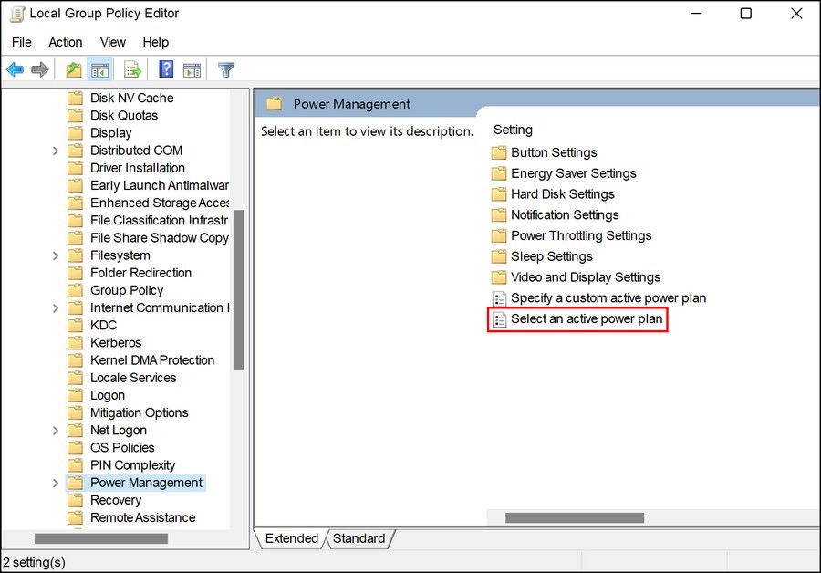 Choose the Select an active power plan policy