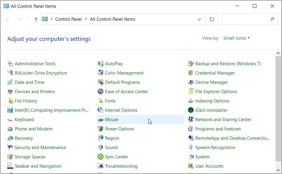 Selecting mouse from the Control Panel menu items