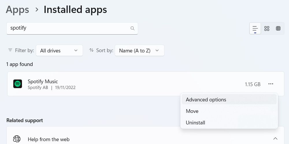 selecting advanced options for spotify in the installed apps page in the settings