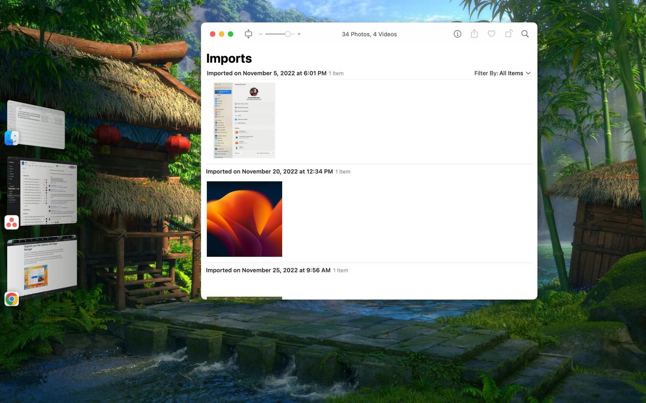 Stage Manager juggling Photos Asana Finder and Chrome on the desktop