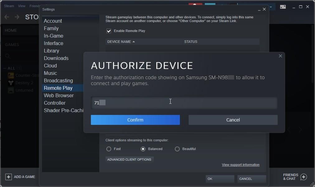 steam remote play authorize code