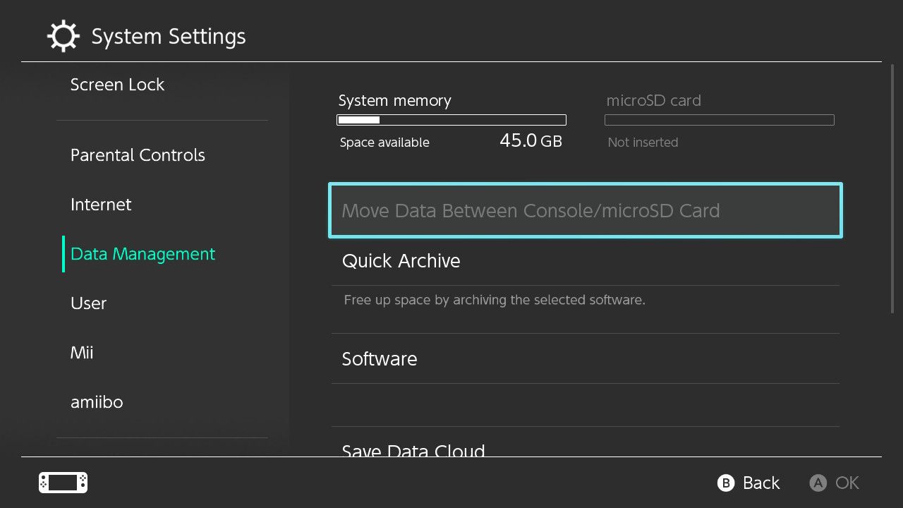 A screenshot of the Data Management settings for the Nintendo Switch highlighting storage capacity 