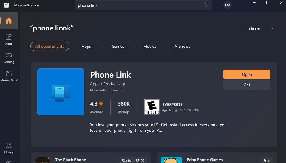 The Phone Link app page in Microsoft Store 