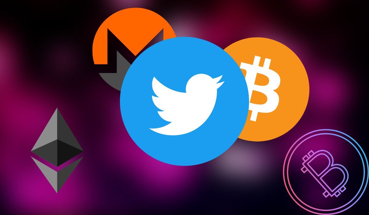 Twitter and cryptocurrency symbols seen on dark purple background