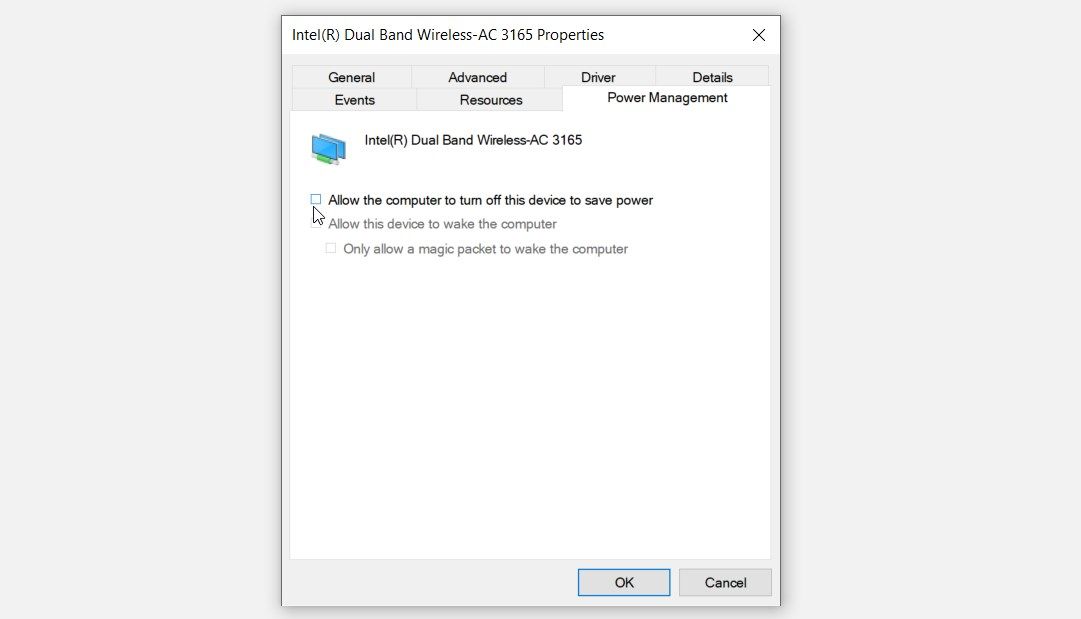 Unchecking the Allow the computer to turn off this device to save power box