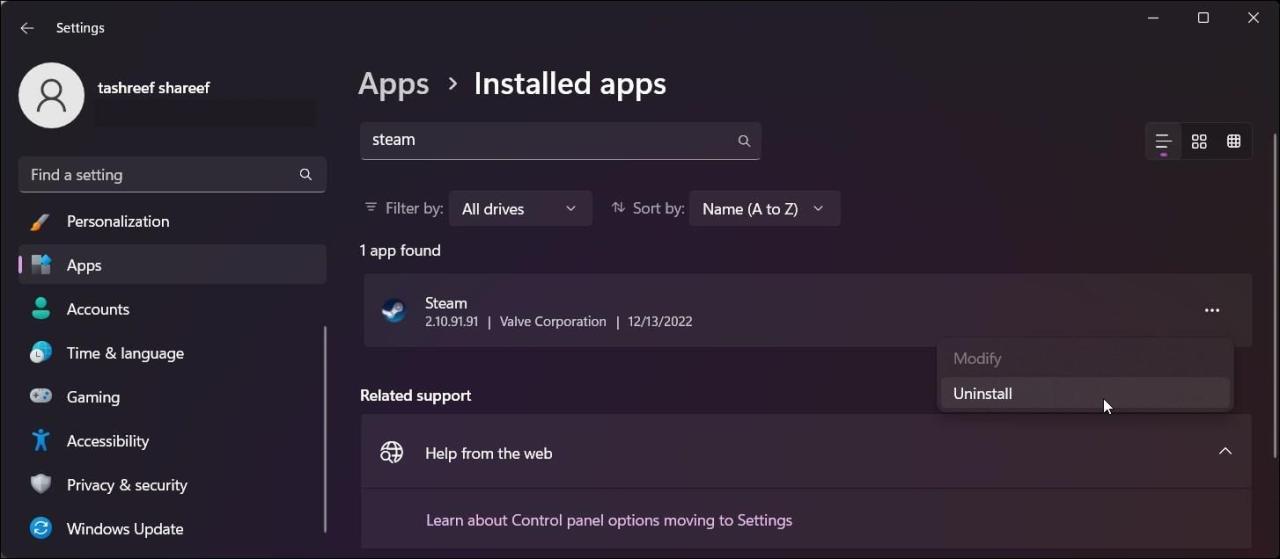 uninstall steam client windows 11