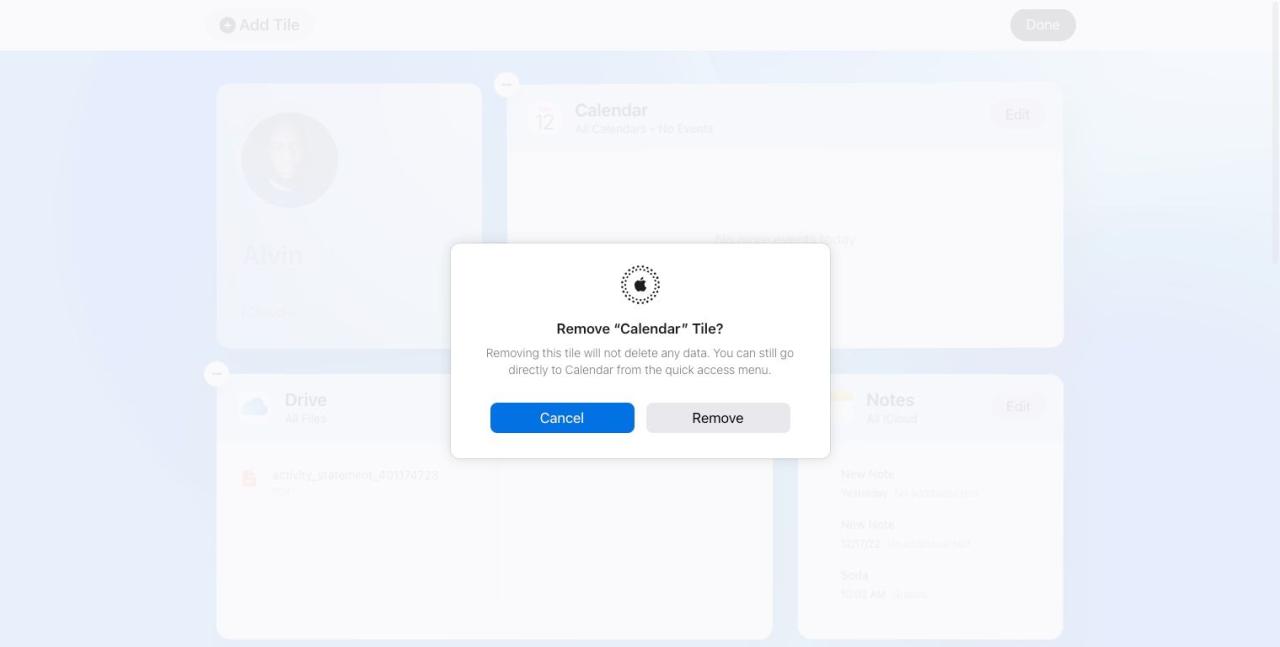 Tile removal confirmation from iCloud home page on the web
