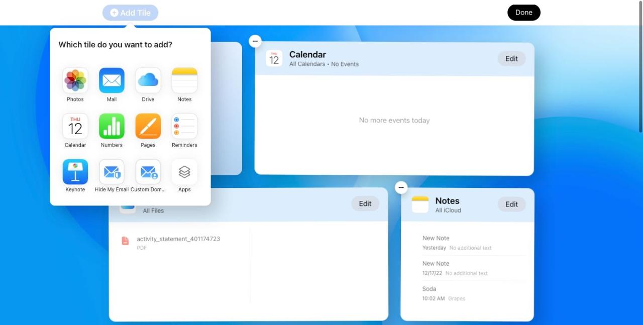Choosing an app to add on the iCloud web home page