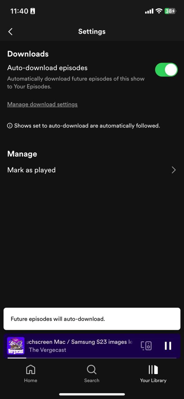 Enabling automatic downloads of new episodes on Spotify