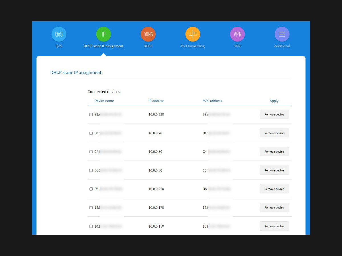 Router page showing DHCP reserved ip adresses