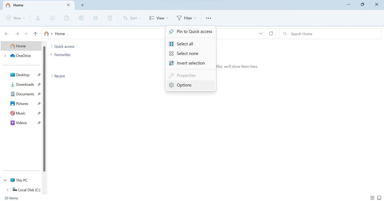 Going to the Options Menu by Clicking on the Three Horizontal Dots in the Right End of the File Explorer Menu