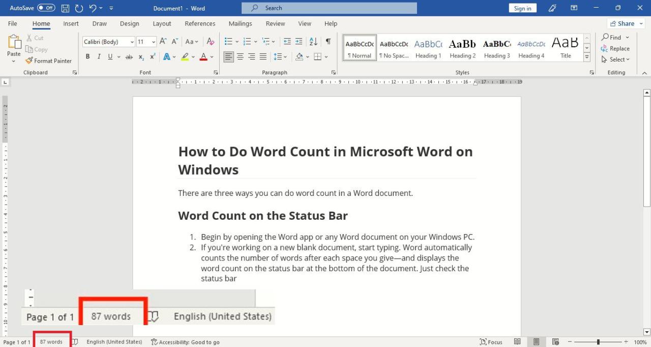 Word Count Showing on Status Bar in Microsoft Word