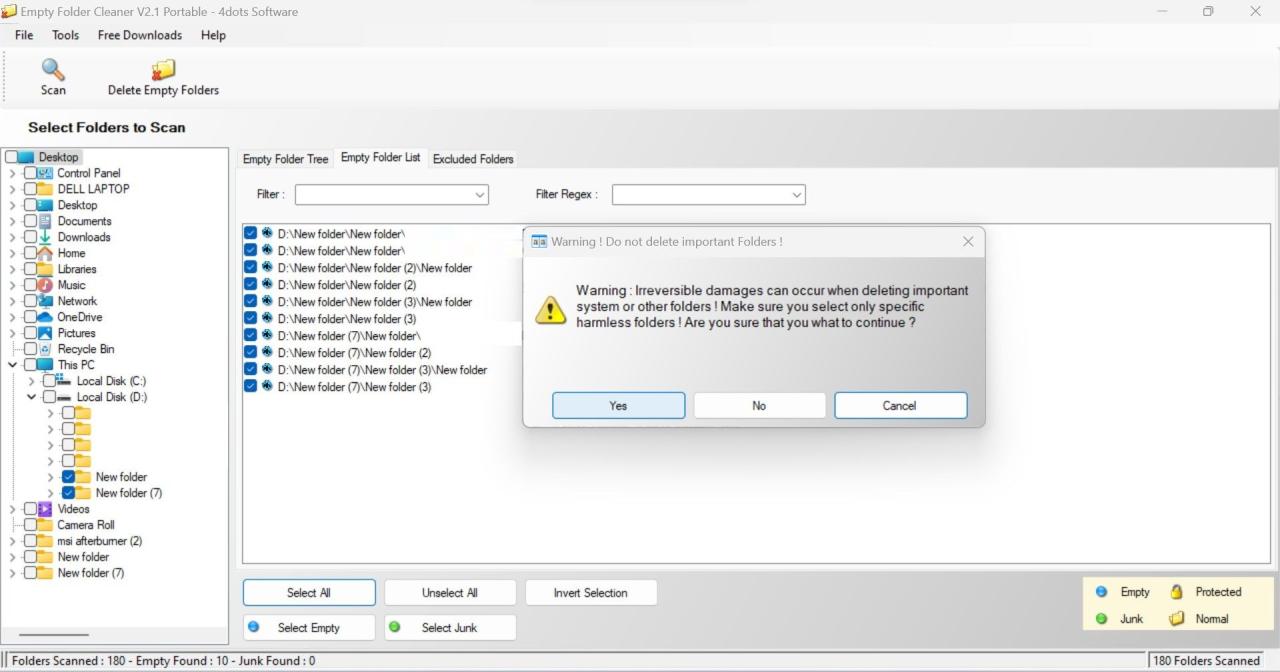 Deleting All Empty Files and Folders by Clicking on the Yes Button in the Warning Pop-up in Empty Folder Cleaner Software