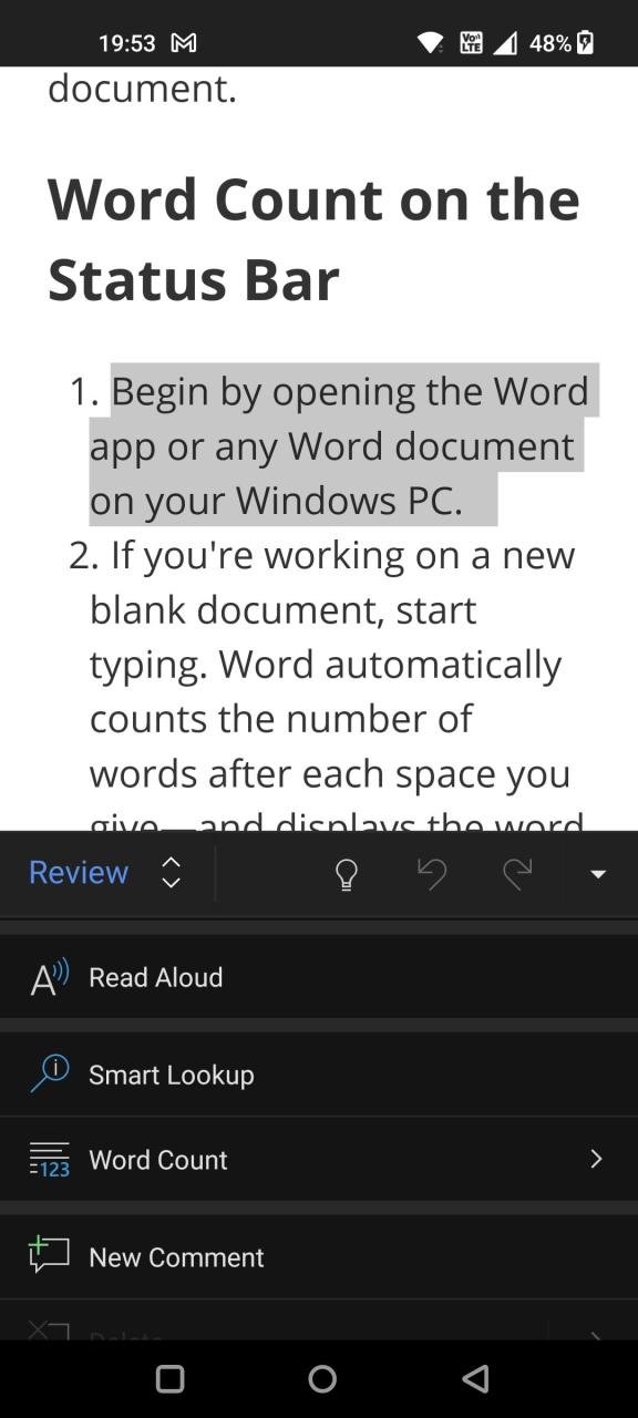 Text Selected With Review Menu at the Bottom