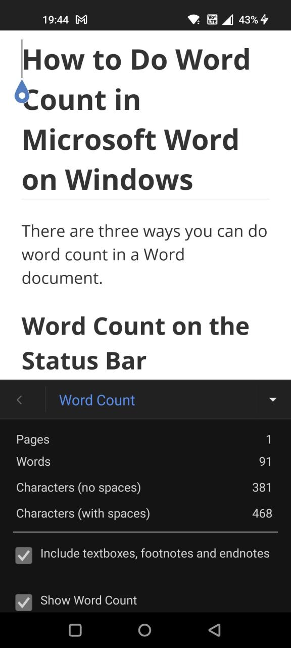 Tap Word Count to View Words, Lines, Paragraphs and Characters