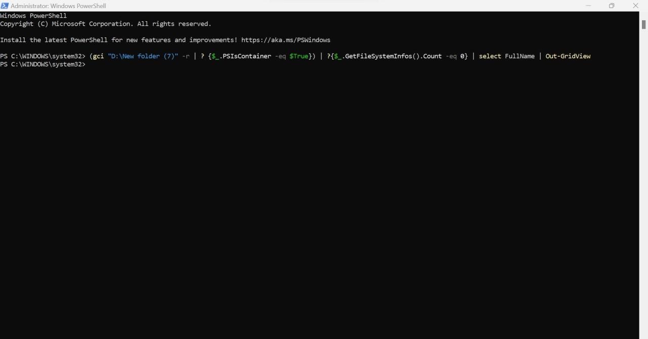 Locating Empty Folders by Running a Command in Windows PowerShell App