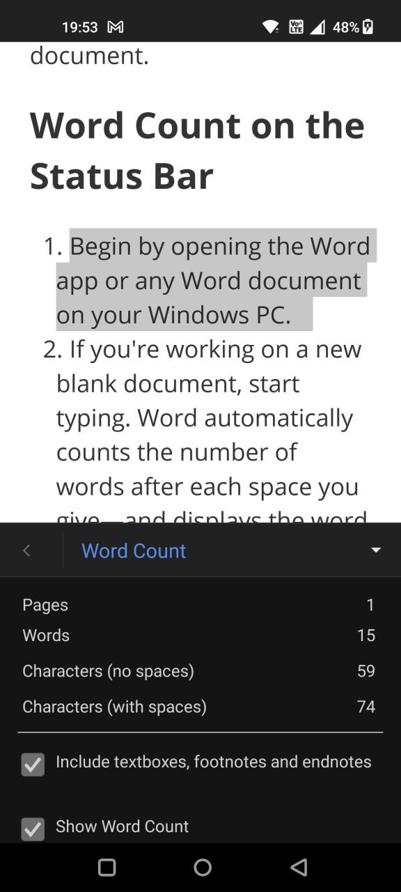 Word Count of Selected Text on Word Mobile App