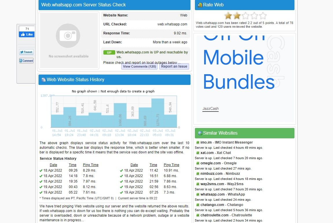 Checking WhatsApp Web Status on Isitdownrightnow website