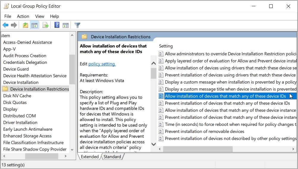 Clicking the Allow installation devices that match any of these device IDs option