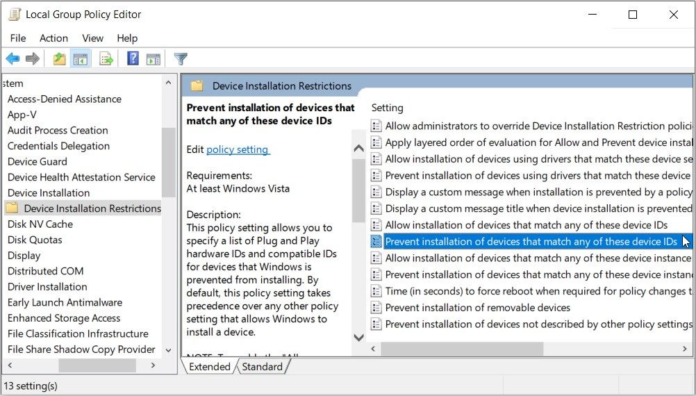 Clicking the Prevent installation devices that match any of these device IDs option