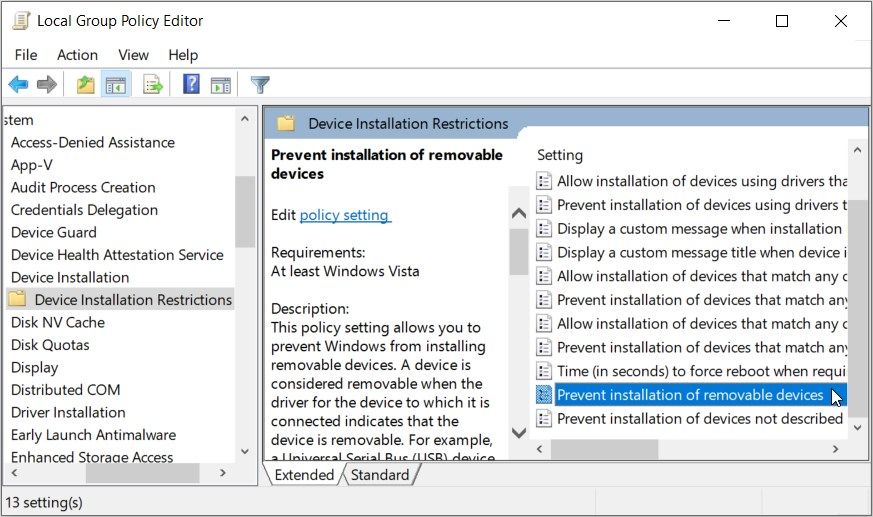 Clicking the prevent installation of removable devices option