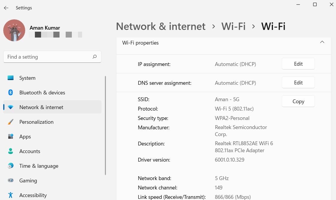 Wi-Fi properties screen