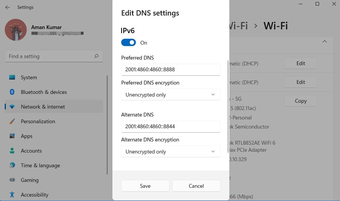 Edit DNS settings screen